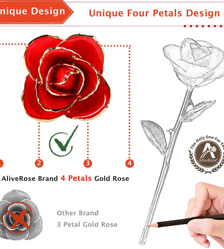 Valentines Day Gift, 24K Gold Dipped Real Rose Gift for Her and Great Valentines Gift for Her Rose(Red with Crystal Vase)