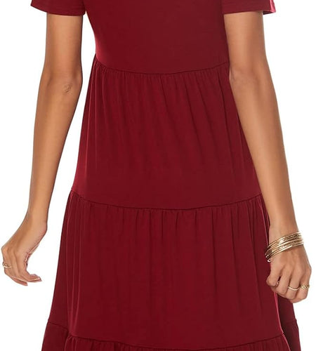 Women'S Casual Summer Tiered Midi Dress Short Sleeve V-Neck Loose Cotton Ruffle Babydoll Dress Boho Sundress