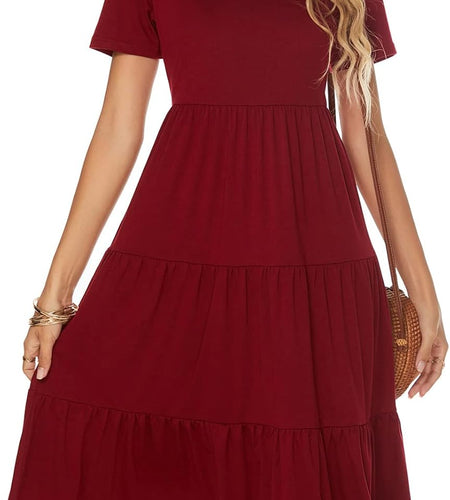 Women'S Casual Summer Tiered Midi Dress Short Sleeve V-Neck Loose Cotton Ruffle Babydoll Dress Boho Sundress