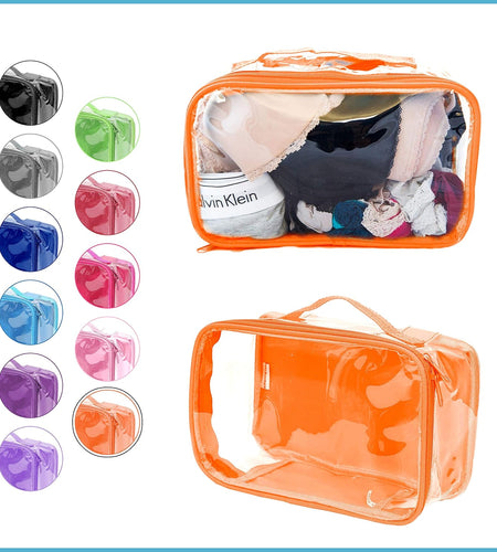 Small Clear Travel Packing Cube/See through PVC Plastic Pouch for Carry on Suitcase, Backpack or Diaper Bag/Transparent Multipurpose Accessories, Makeup & Underwear Organizer W/Handle (Orange)