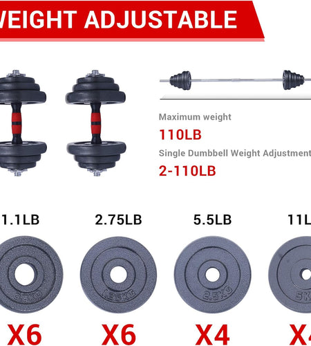 Adjustable Dumbbells, Barbell Weight Set, Dumbbell Set, Weights Adjustable 22/33/44/66/105 Lbs Home Gym 2 in 1, Anti-Slip Handle, All-Purpose, Office, Fitness